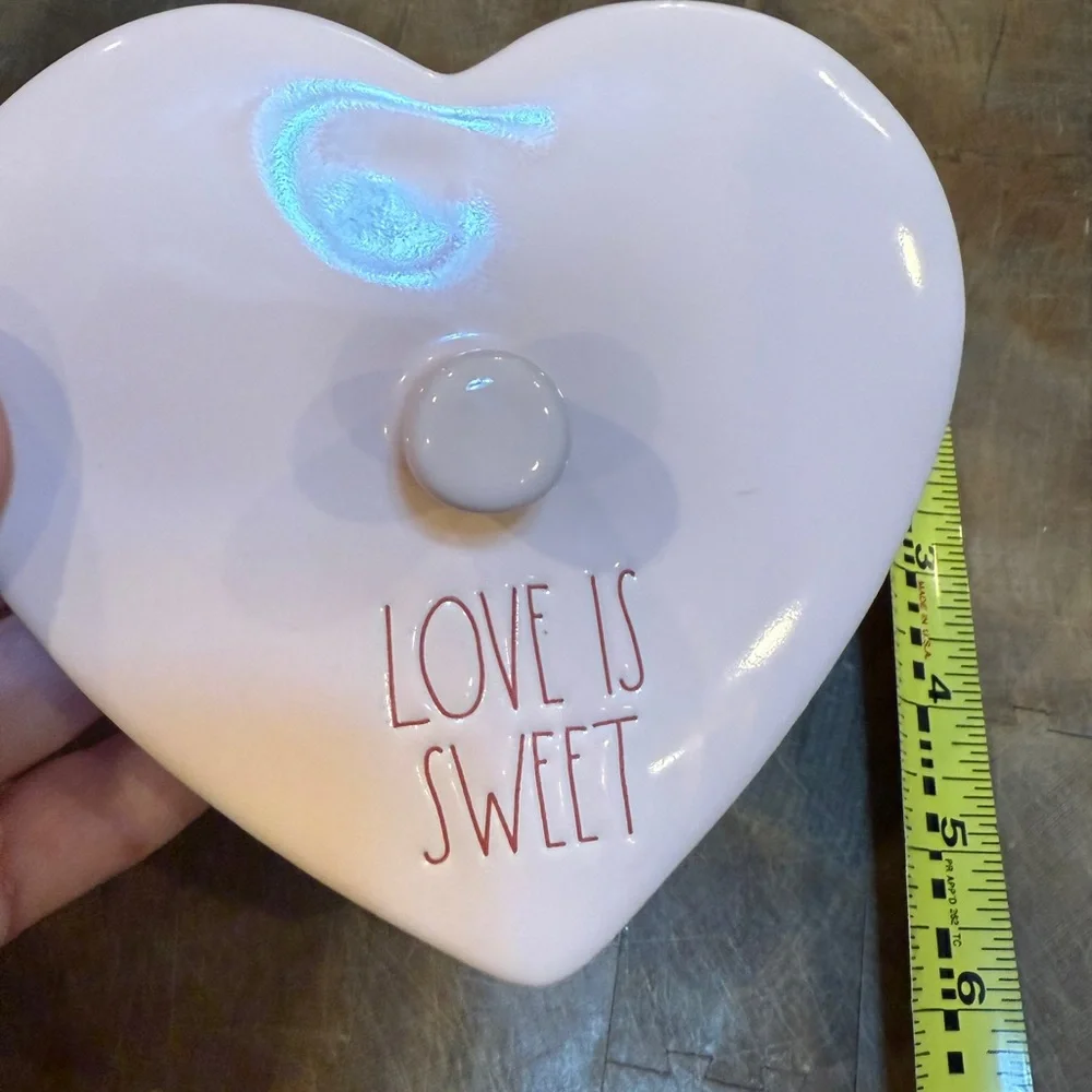 Rae Dunn Pink Heart Shaped Trinket Box “Love is Sweet” jewelry Dish with Lid